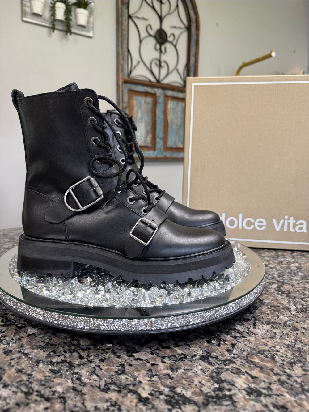 Dolce Vita Black Lace-Up Combat Boots with Buckle Straps